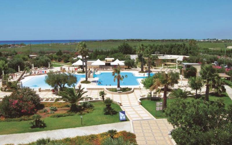Piscina all'aperto con vista mare, circondata da palme e giardini rigogliosi.